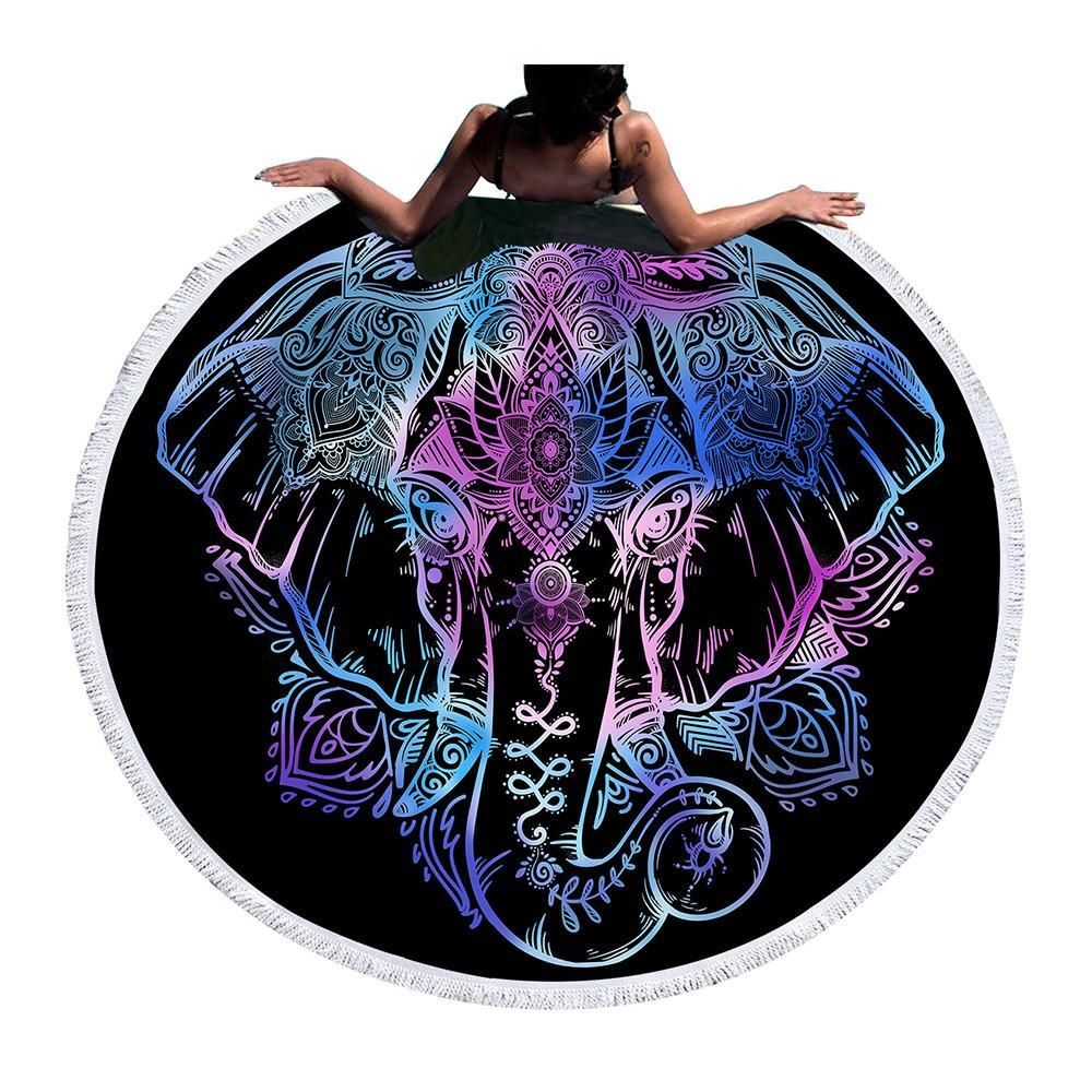 Bohemian Elephant On Black Printed Round Beach Towel