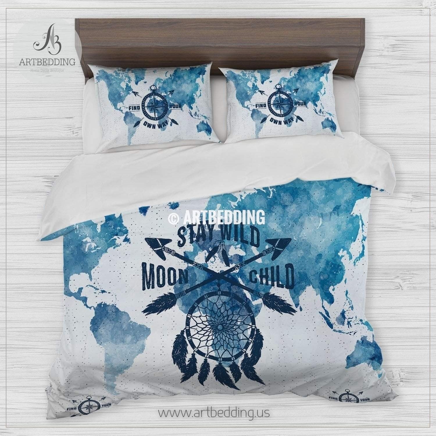 Bohemian Mandala Watercolor World Map Dreamcatcher Bedding Set