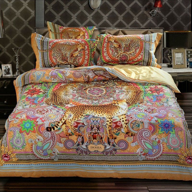 Bohemian Pastel Brown Pink Red And Orange Jungle Animal Themed Leopard And Western Paisley Bedding Set