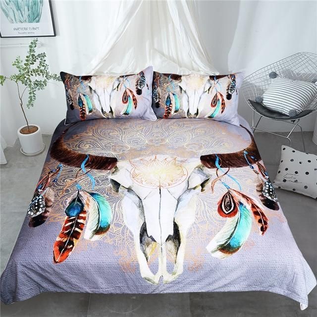 Bohemian Skull Feathers Bedding Set