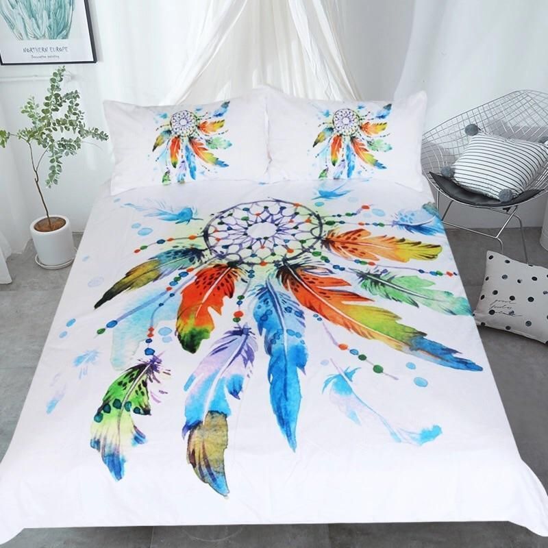 Bohemian Watercolor Feathered Dreamcatcher Bedding Set