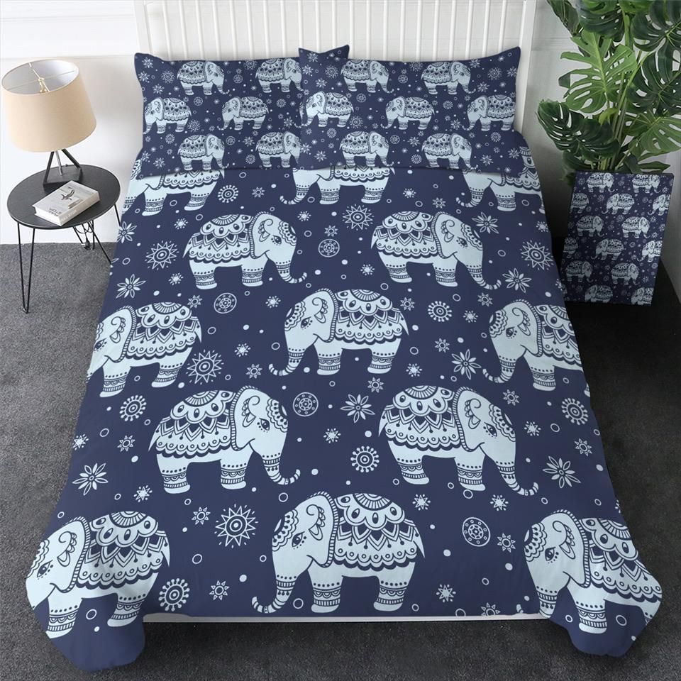 Boho Blue Elephants Bedding Set