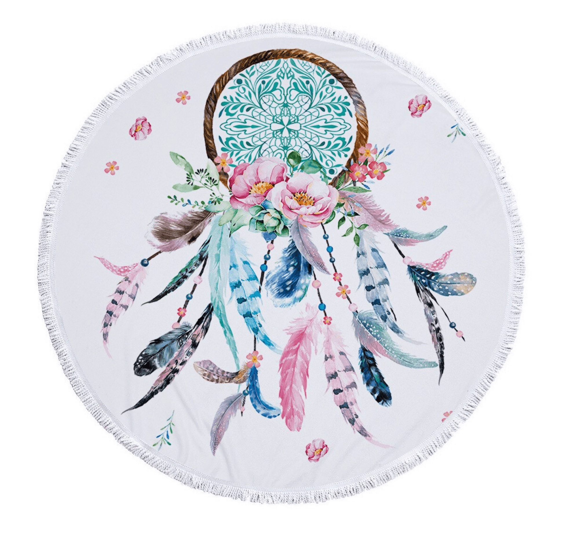 Boho Dreamcatcher With Feather Dream Believe Achieve Printed Round Beach Towel