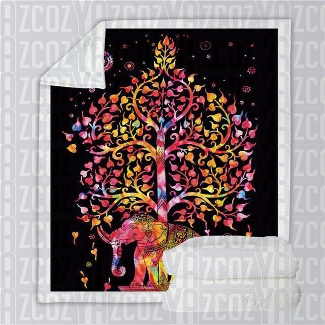Boho Elephant Black Sherpa Fleece Blanket
