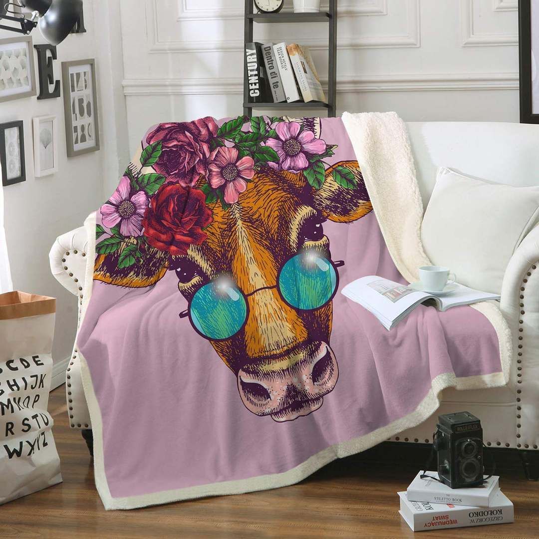 Boho Floral Cow Sherpa Fleece Blanket