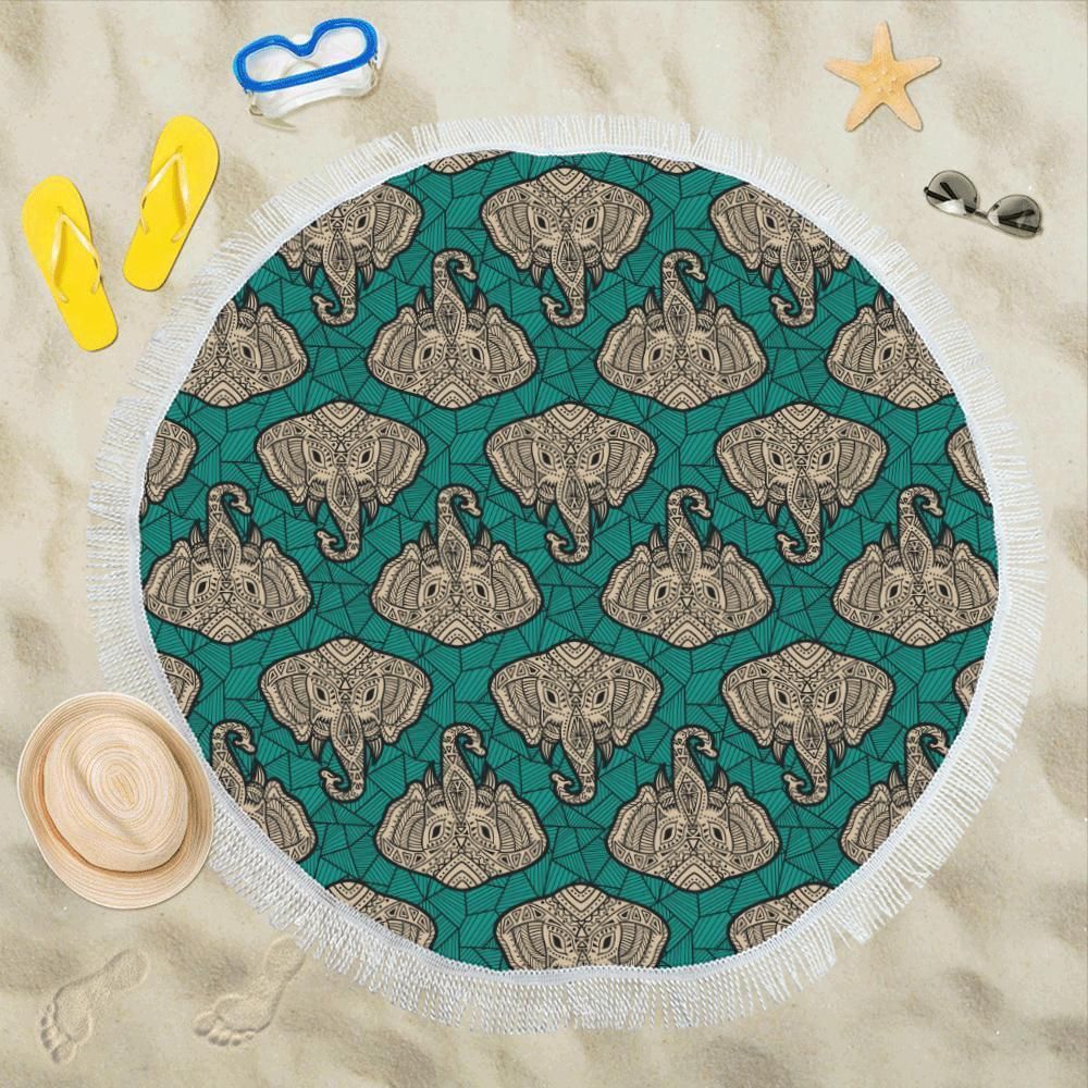 Boho Head Of Elephant Pattern Round Beach Towel
