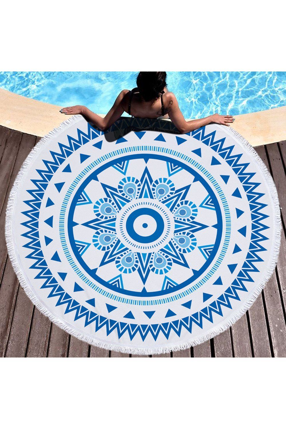 Boho Pattern Blue Abstract Printed Round Beach Towel