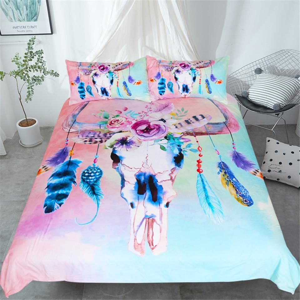 Boho Skull Feathers Bedding Set