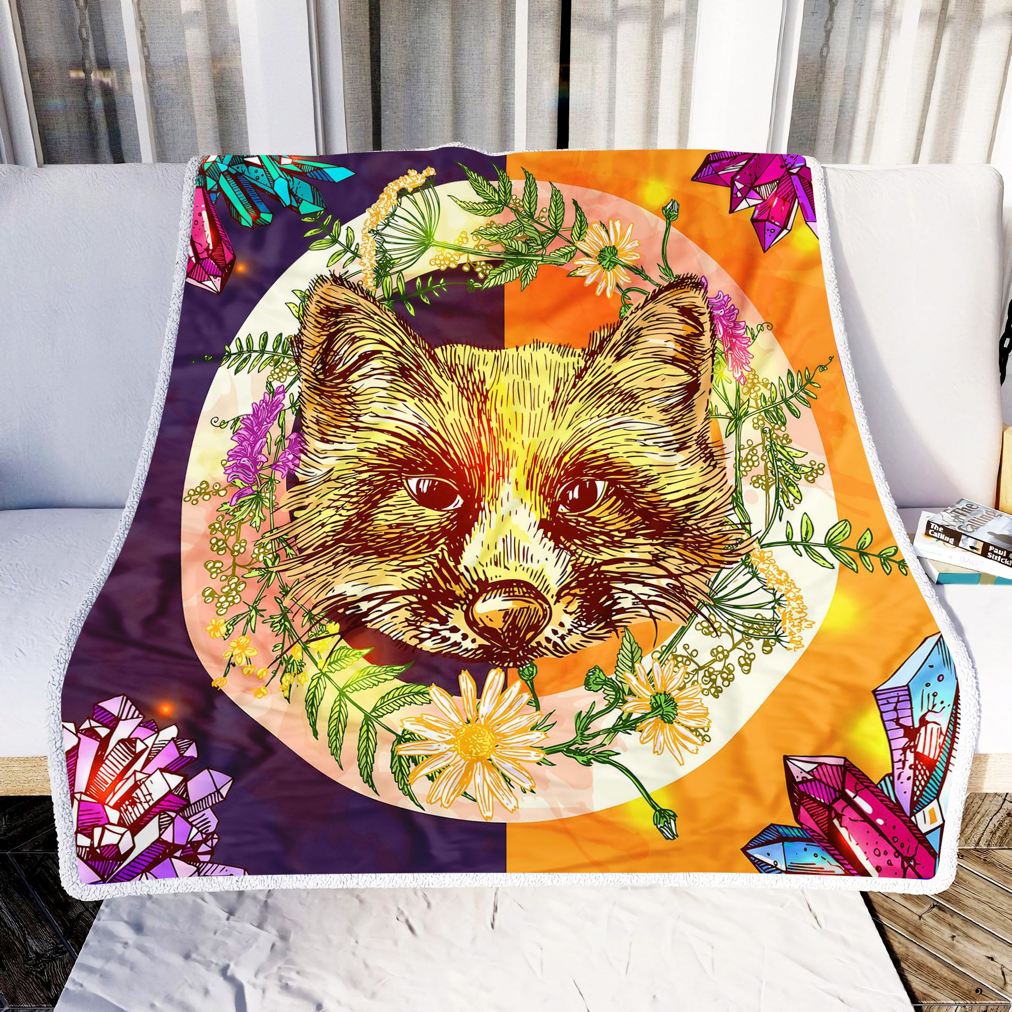 Boho Style Fox Flowers Fleece Blanket