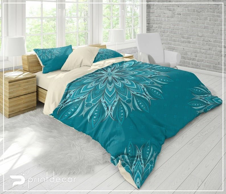 Boho Teal Blue And Aqua Mandala Bedding Set