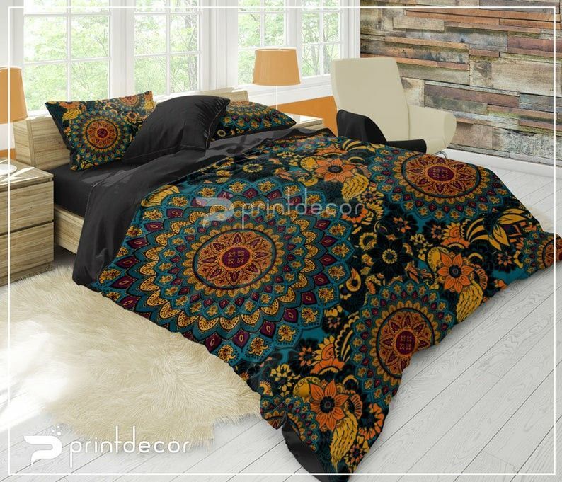 Boho Teal With Orange And Yellow Mandala Bedding Set