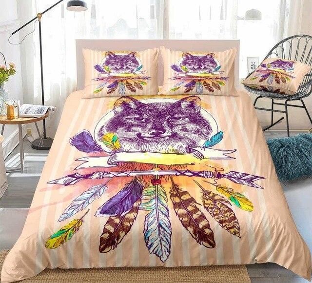 Boho Wolf Feathers Stripe Bedding Set