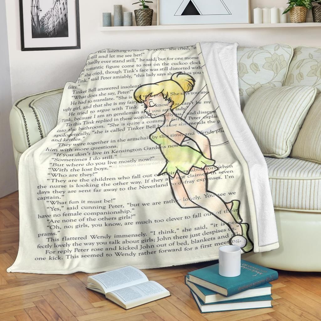 Book Page Style Tiner Bell Printed Fleece Blanket