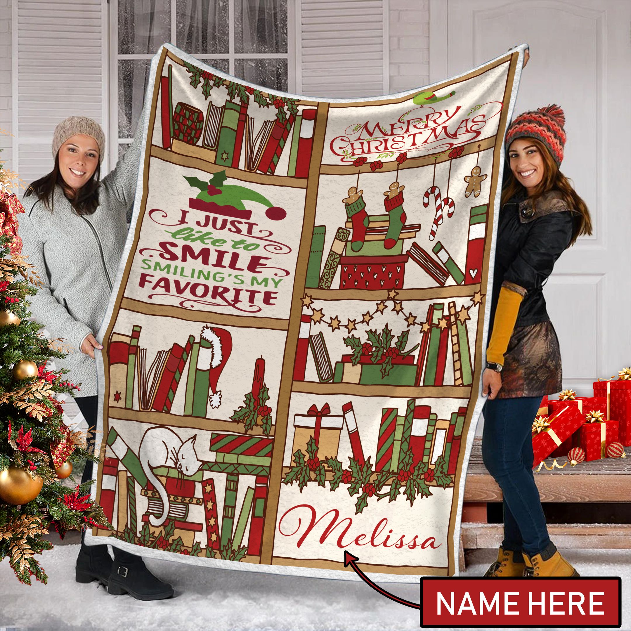 Bookshelf Cat Christmas Personalized Fleece Blanket