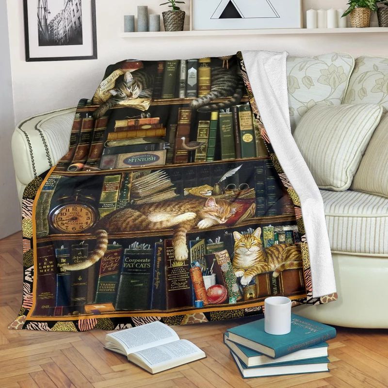 Bookshelf Cat Sherpa Fleece Blanket