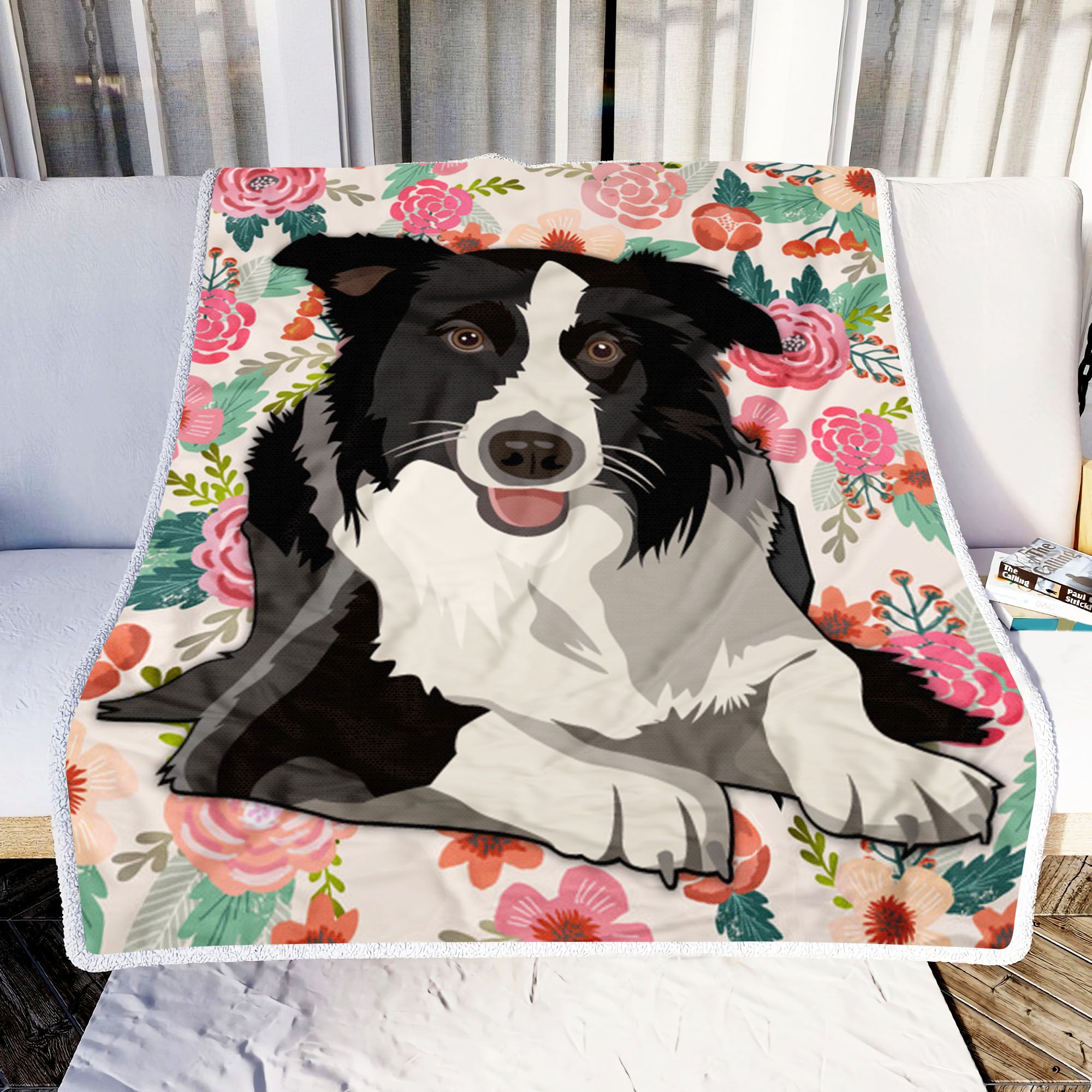 Border Collie Flower Fleece Blanket
