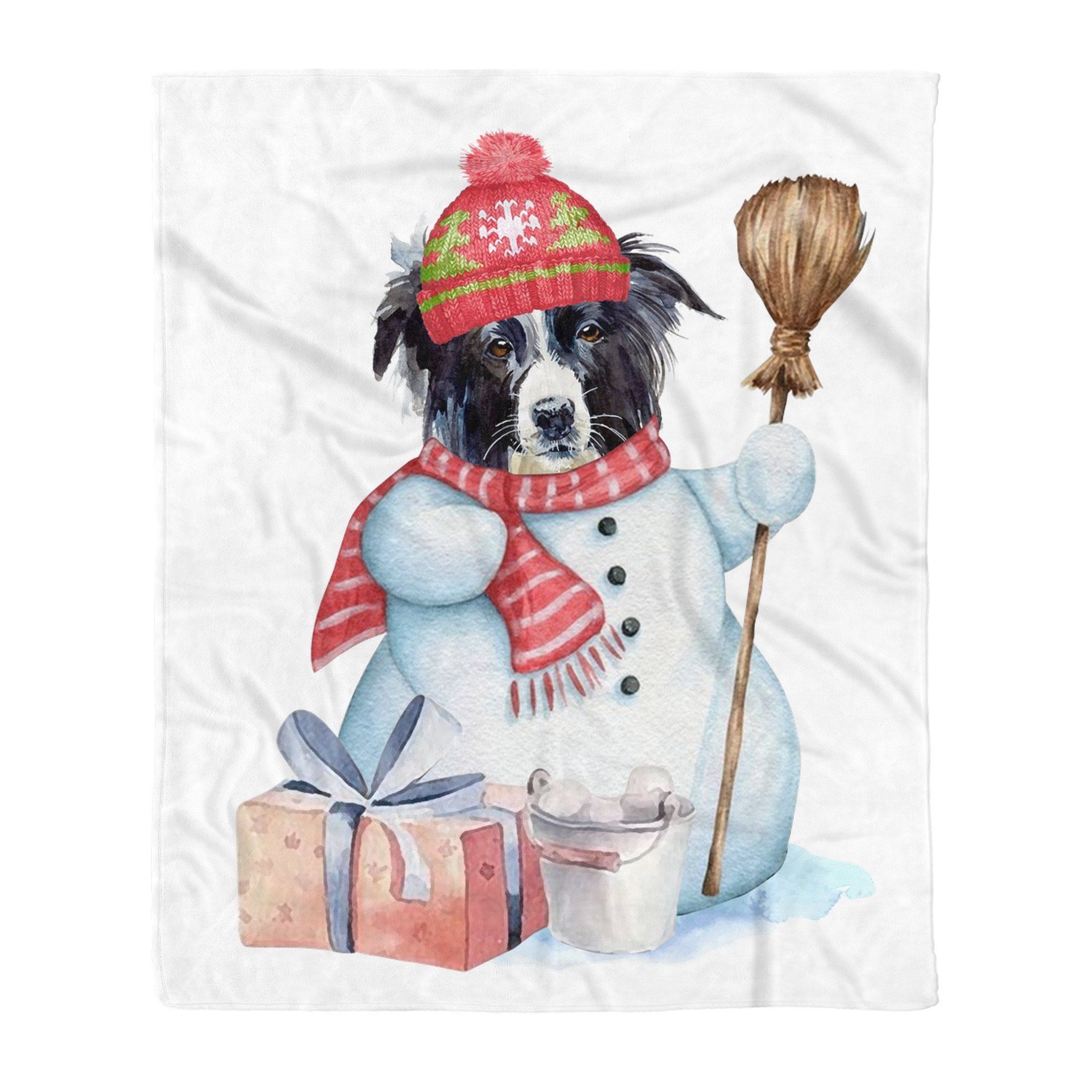 Border Collie Snowman Christmas Sherpa Fleece Blanket