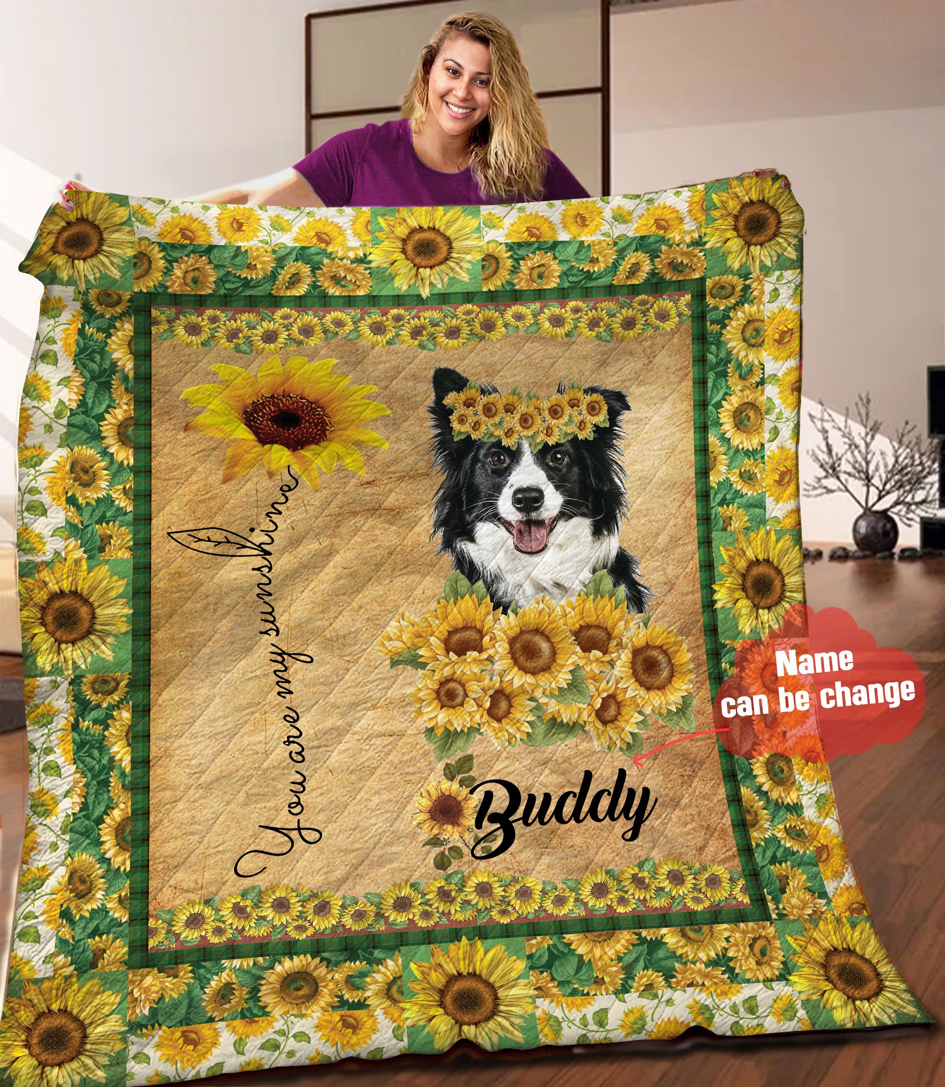 Border Collie Sunflower Personalized Quilt Blanket HHH050604NA