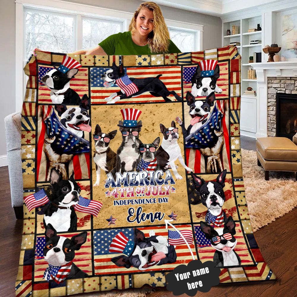 Boston Terrier 4th of July Personalized Quilt Blanket LML110603DT