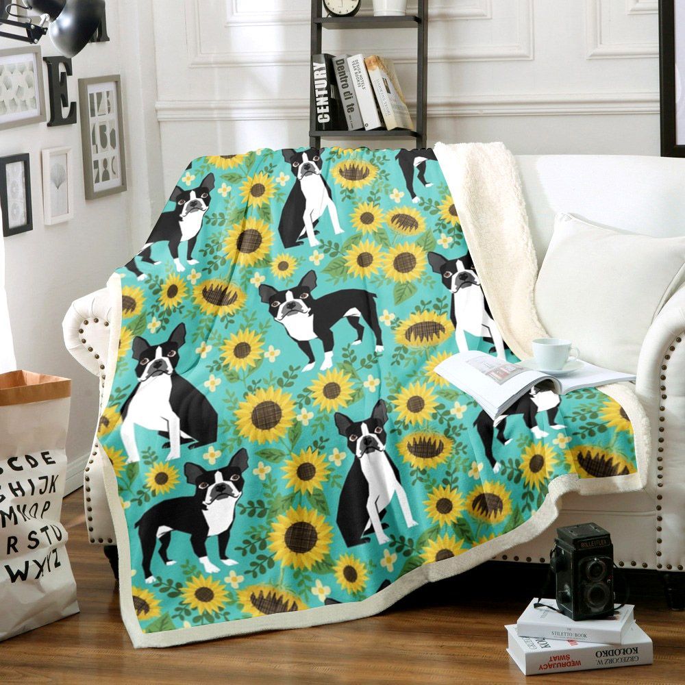 Boston Terrier And Sunflower Sherpa Fleece Blanket