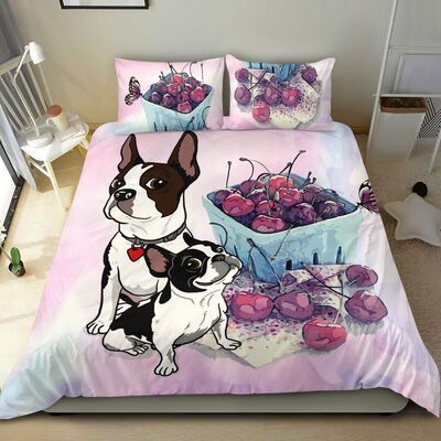 BOSTON TERRIER BEIGE BEDDING CHERRY