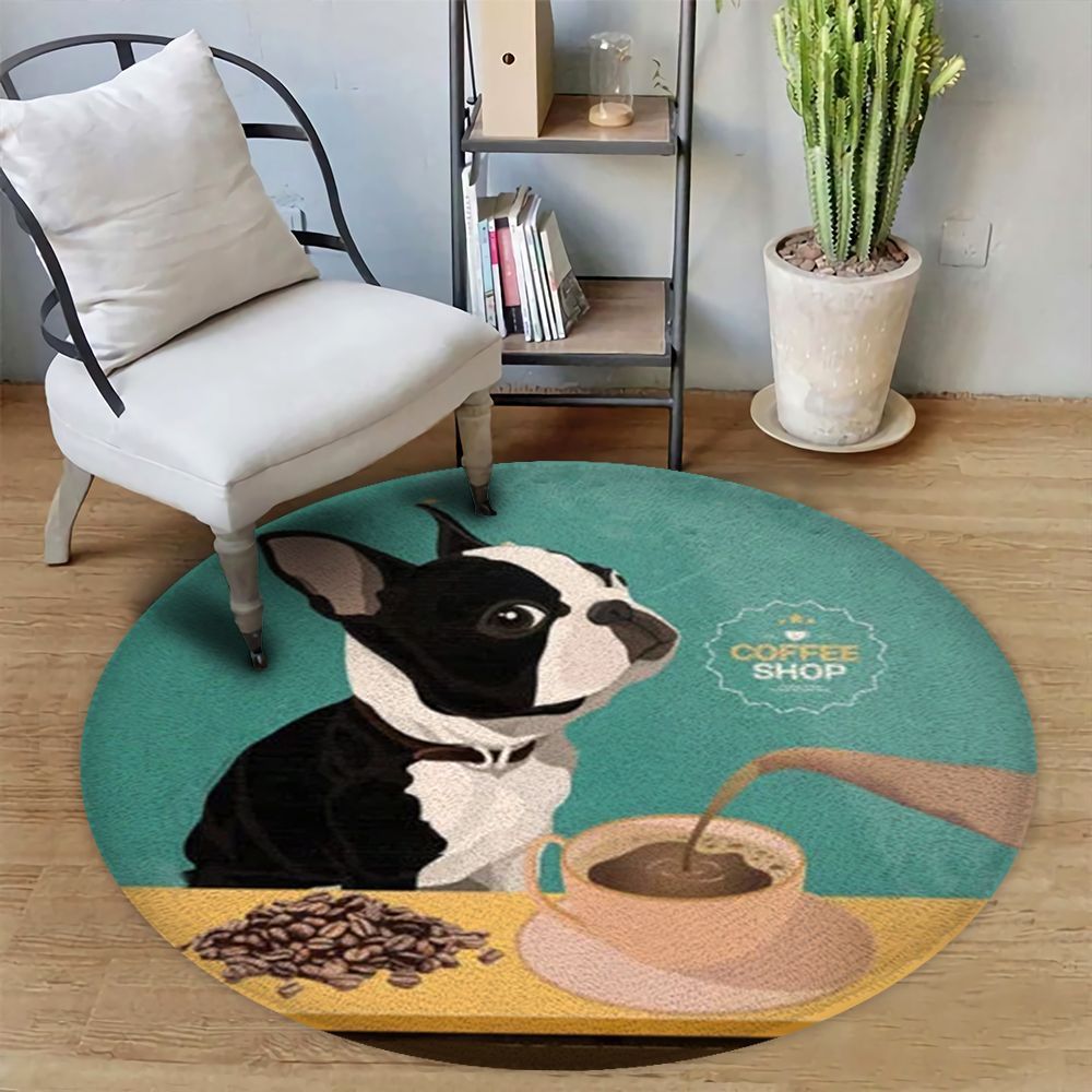 Boston Terrier Coffee Shop Round Carpet