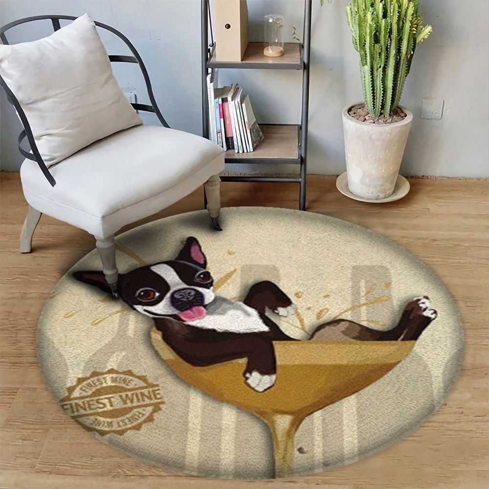 Boston Terrier Love Wine Round Carpet