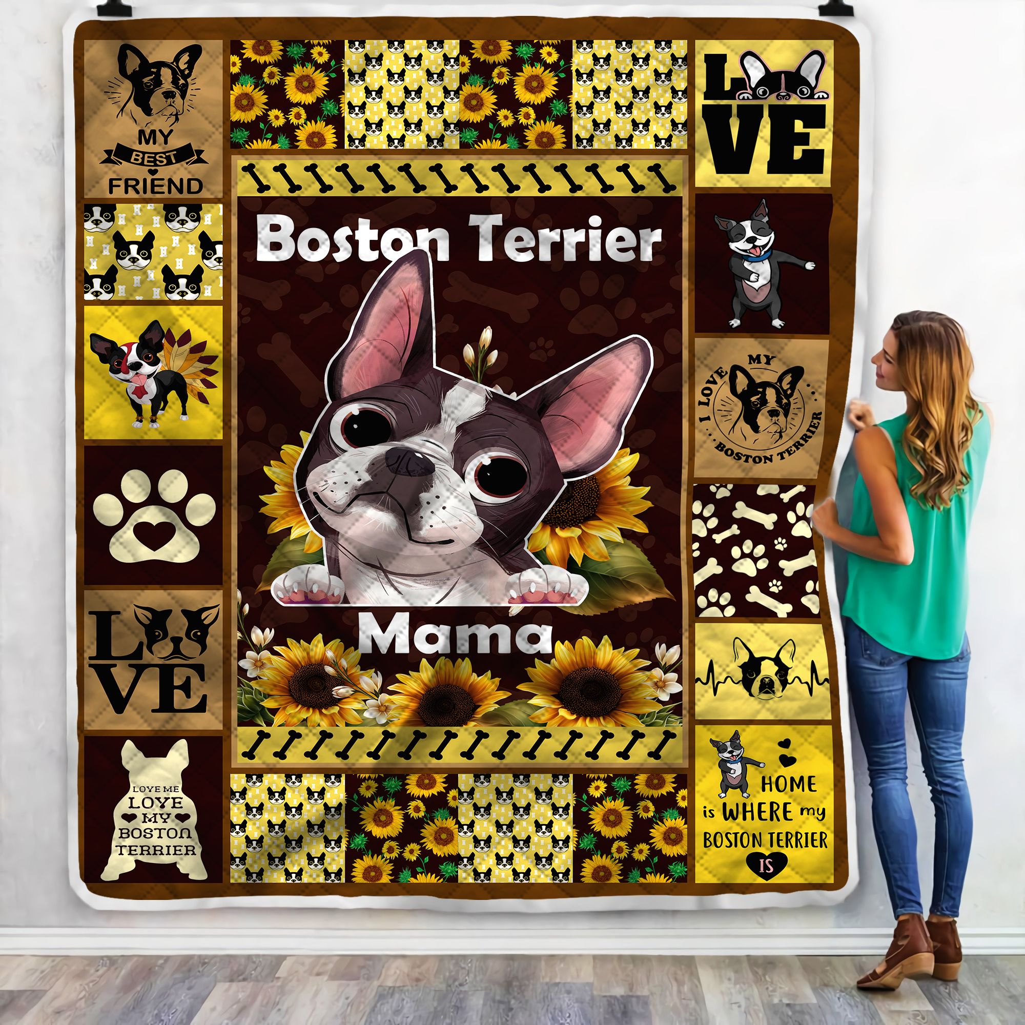 Boston Terrier Mama Sunflower Fleece Blanket