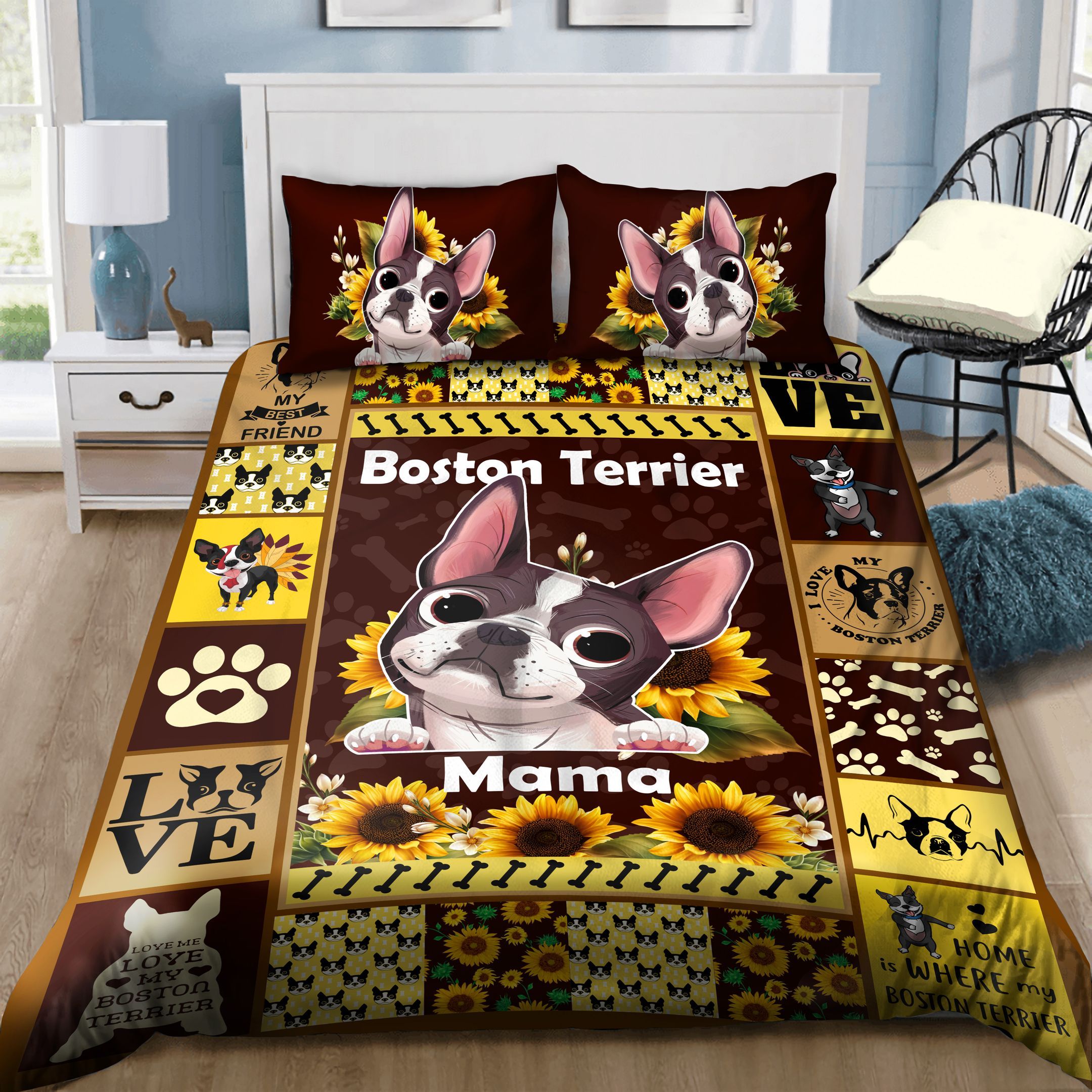 Boston Terrier Mama Sunflower Bedding Set