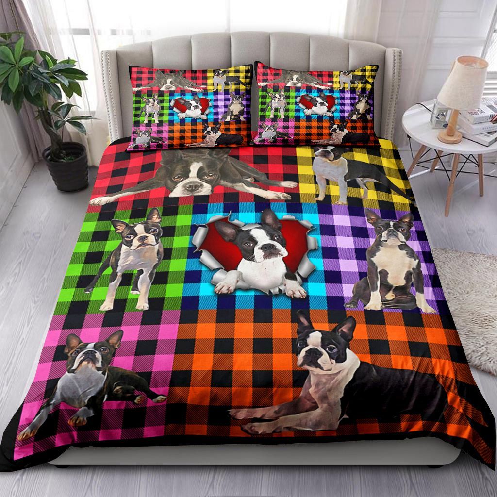 Boston Terrier Plaid Bedding Set