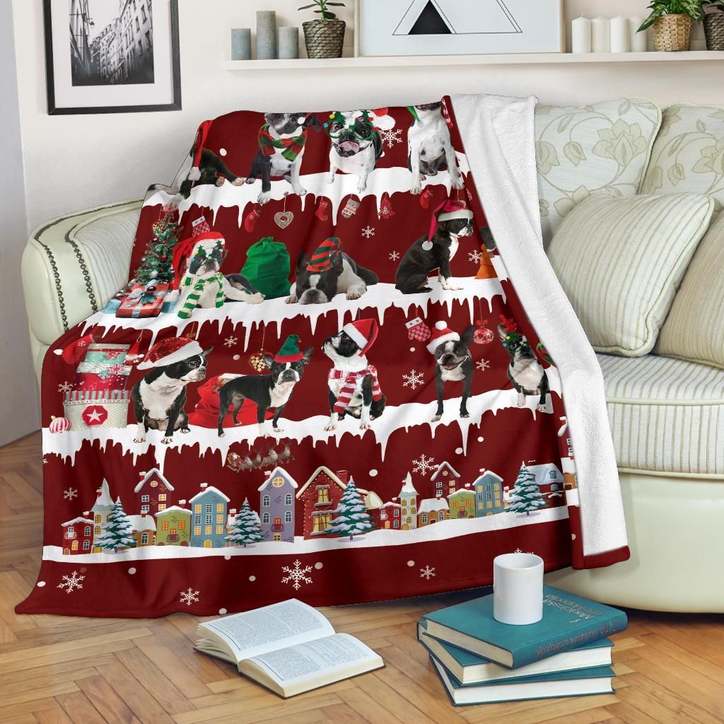 Boston Terrier Snow Christmas Sherpa Fleece Blanket