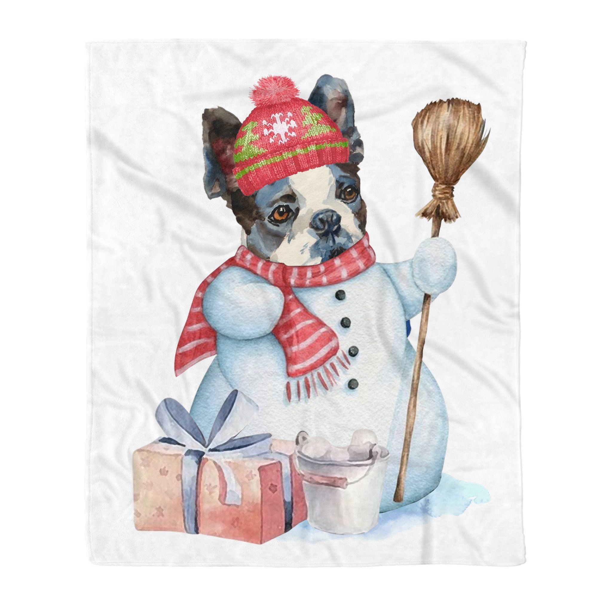 Boston Terrier Snowman Christmas Sherpa Fleece Blanket