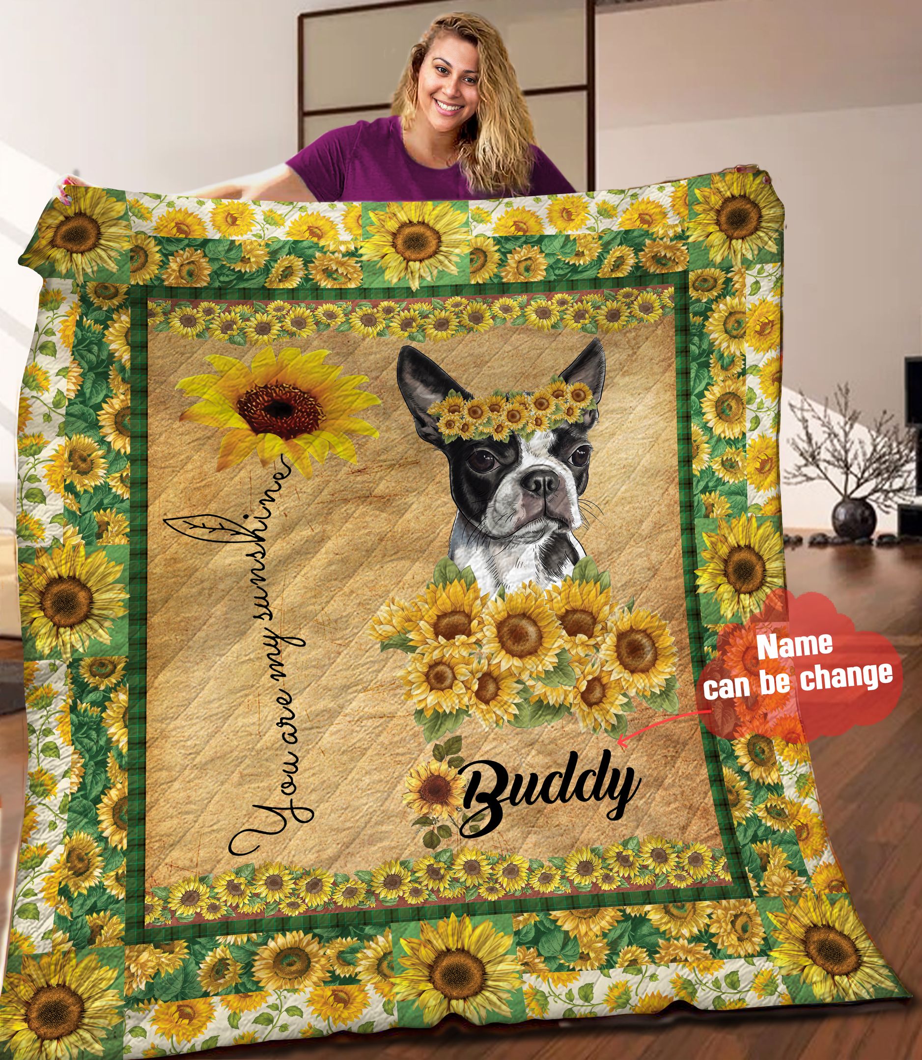 Boston Terrier Sunflower Personalized Quilt Blanket HHH050605NA