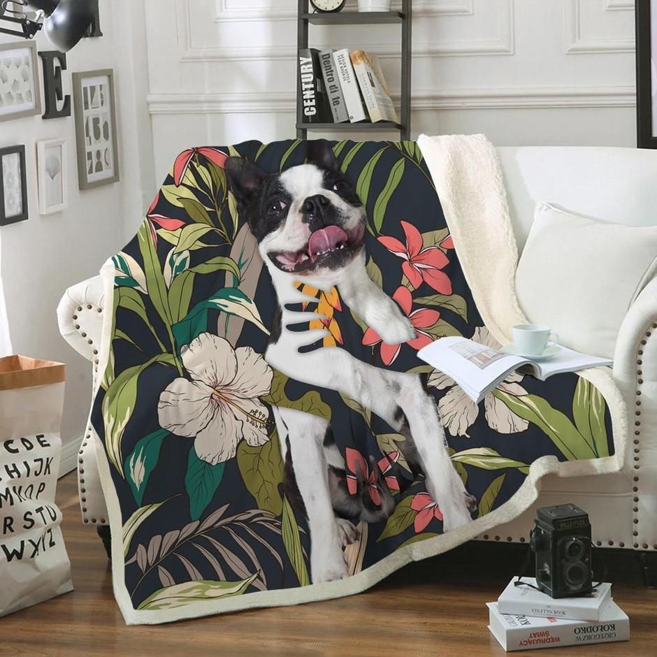 Boston Terrier With Flower Sherpa Fleece Blanket
