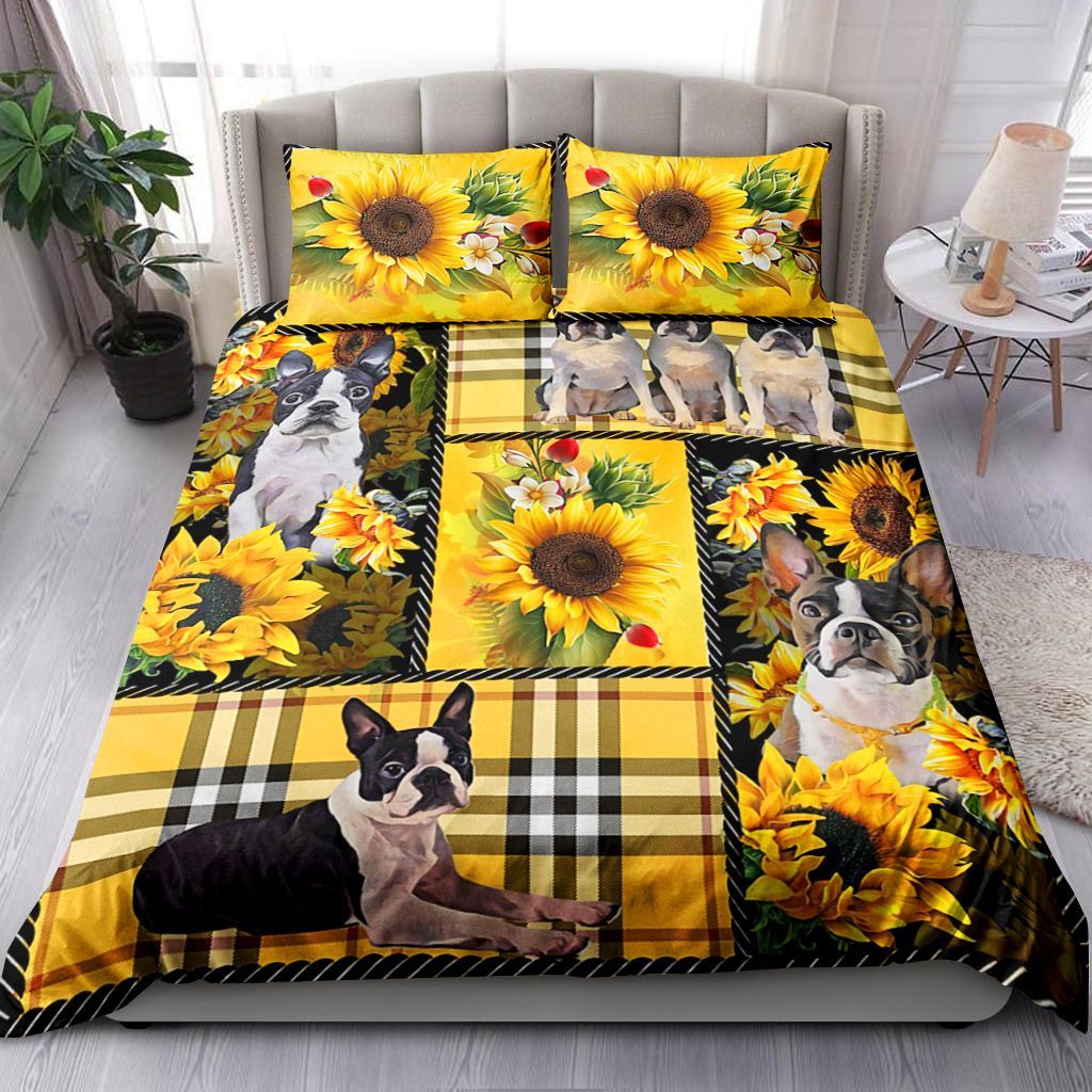 Boston Terrier Yellow Tartan Bedding Set