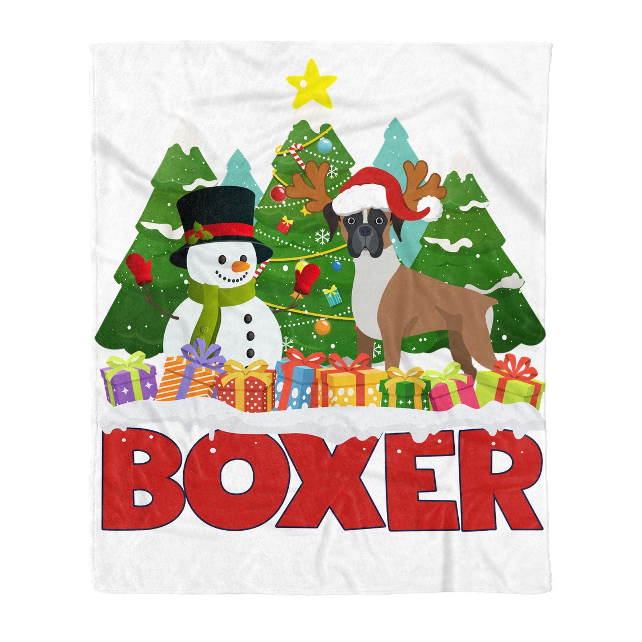 Boxer Snowman Christmas Tree Sherpa Fleece Blanket