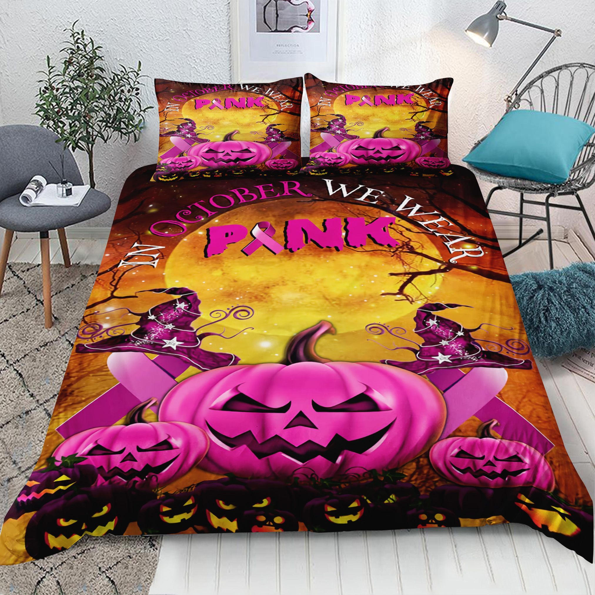 Breast Cancer Awareness Halloween Pumpkin Bedding Set