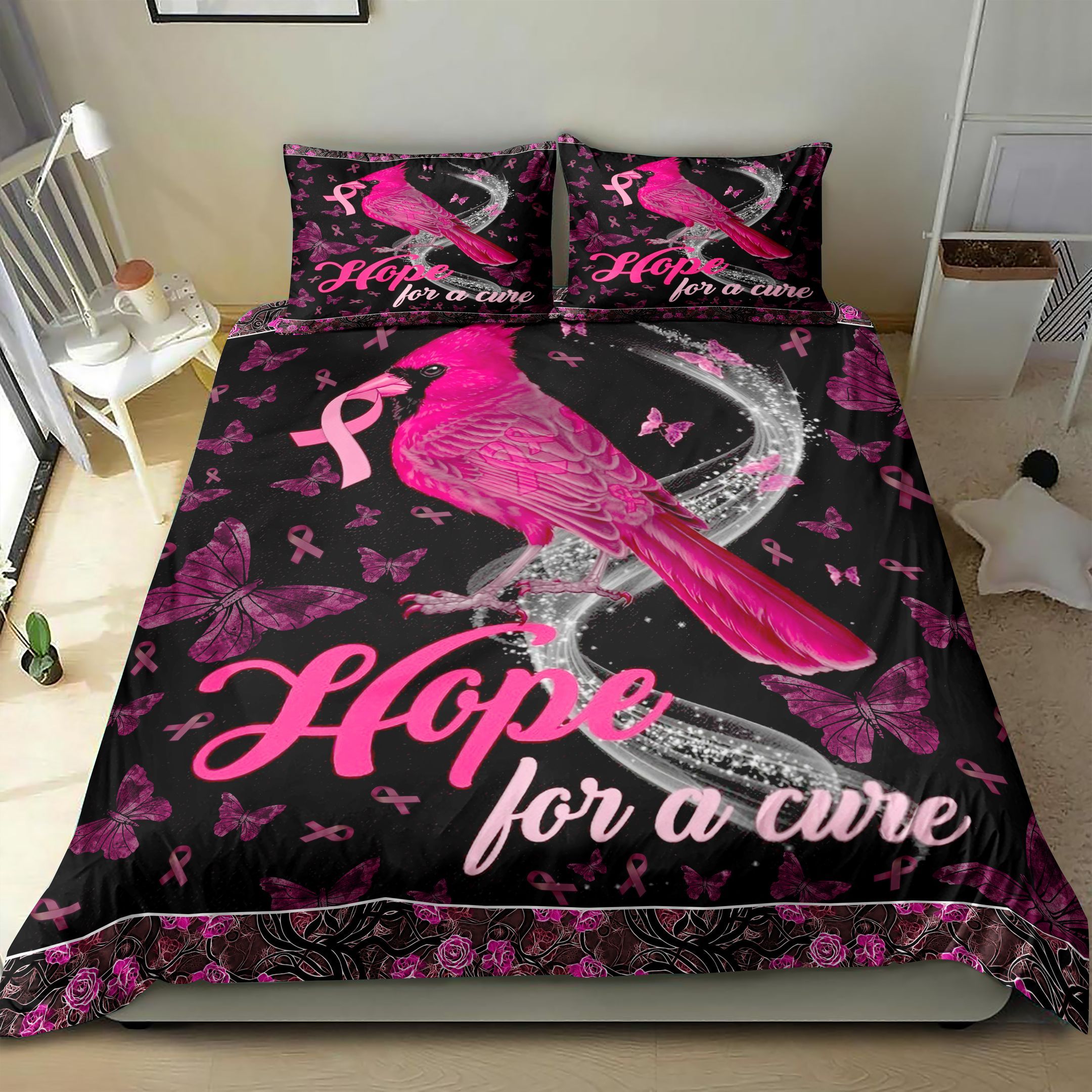 Breast Cancer Cardinal Bird For The Cure Bedding Set