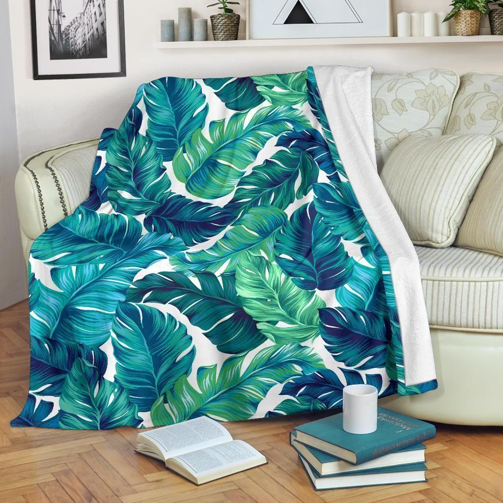 Brightness Tropical Palm Leaves Green And White Fleece Blanket