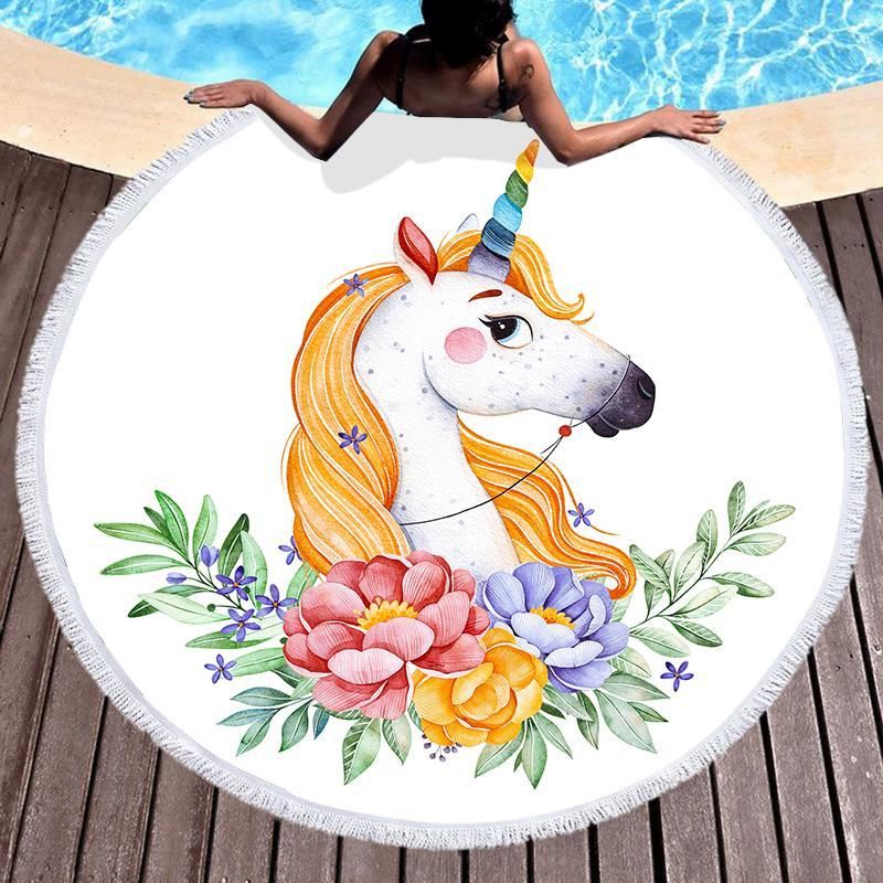 Bronze Unicorn With Rainbow Horn Printed Round Beach Towel