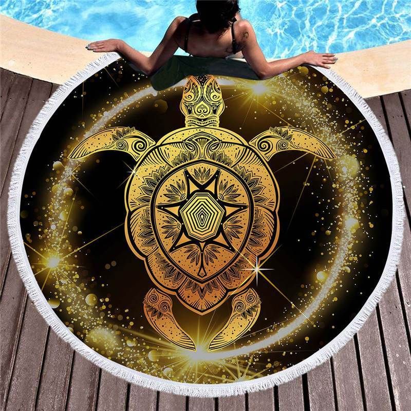 Bronzing Bling Turtle Mandala Round Beach Towel