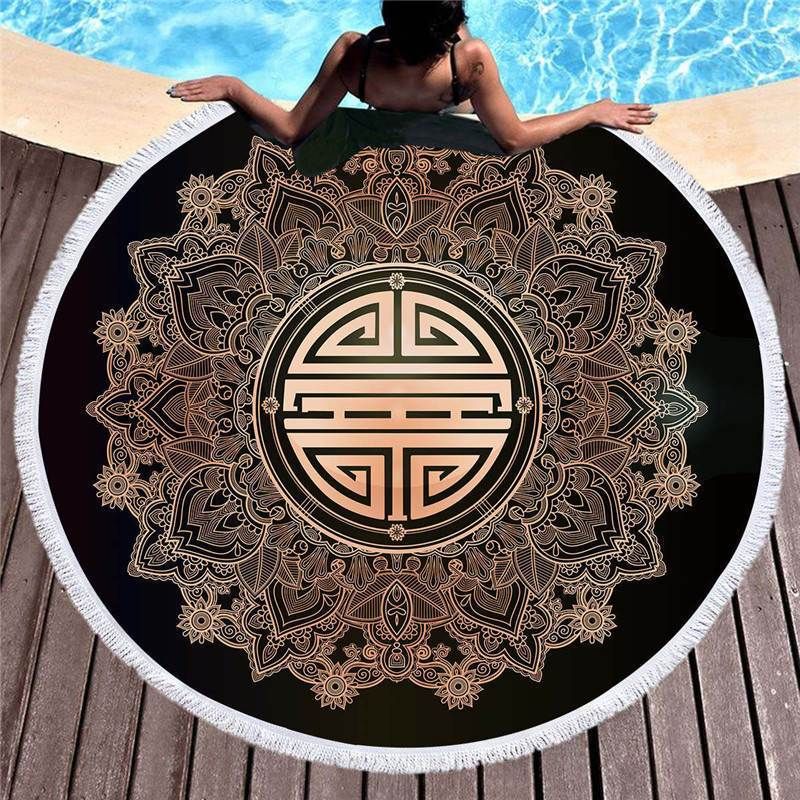 Bronzing Chinese Fortune Vintage Printed Round Beach Towel
