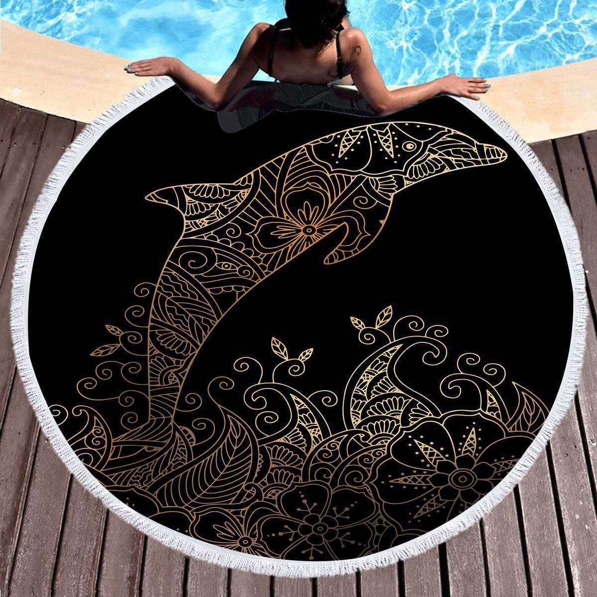 Bronzing Dolphin Black Backdrop Printed Round Beach Towel