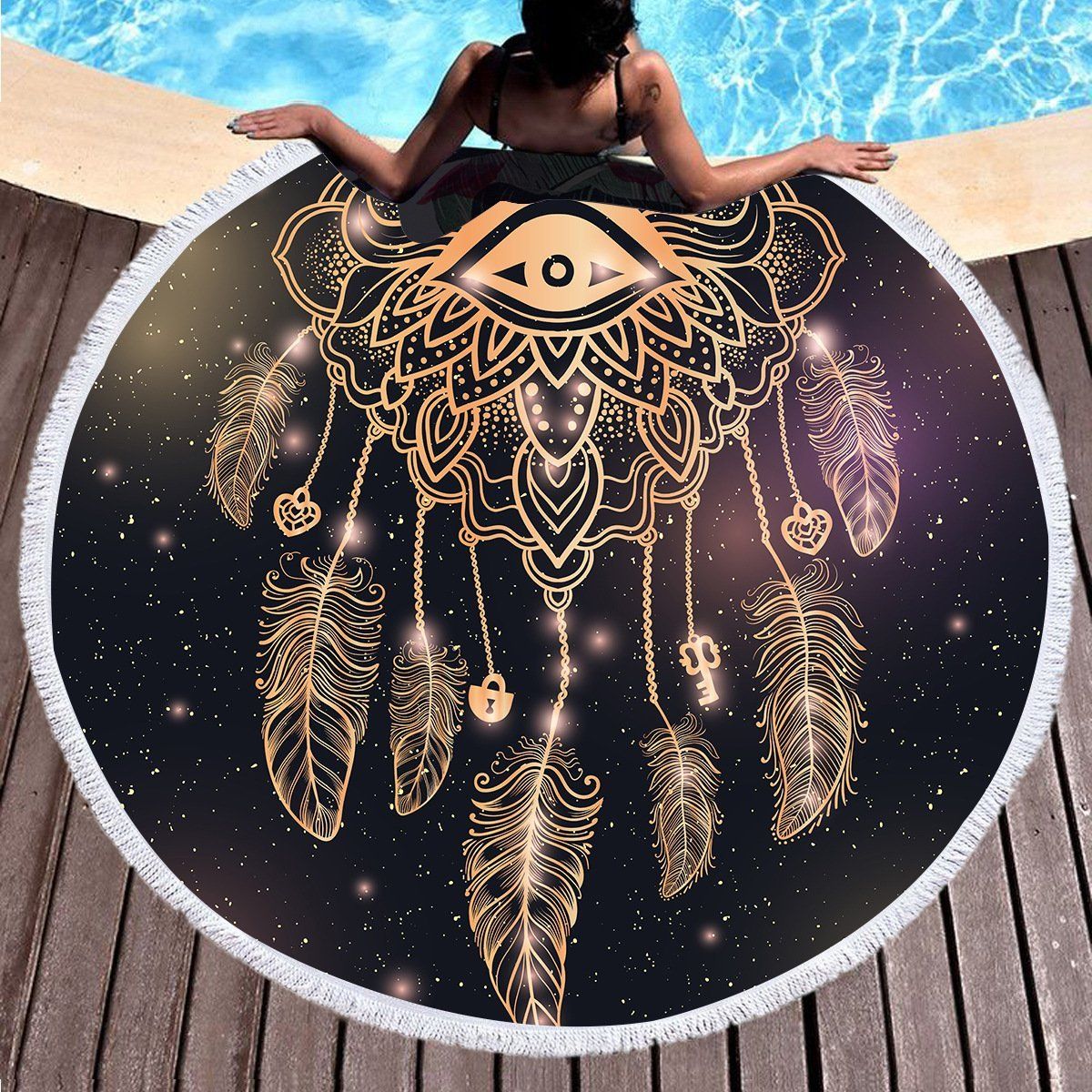 Bronzing Dream Catcher Eye Printed Round Beach Towel