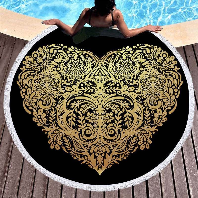 Bronzing Heart Shape Flower Printed Round Beach Towel