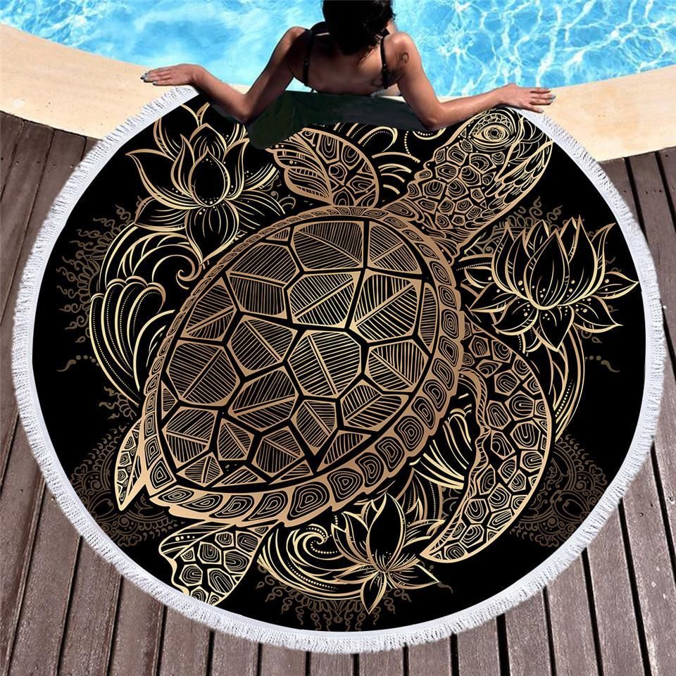 Bronzing Lotus And Turtle Printed Round Beach Towel