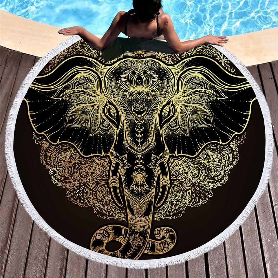 Bronzing Mandala Elephant Head Round Beach Towel