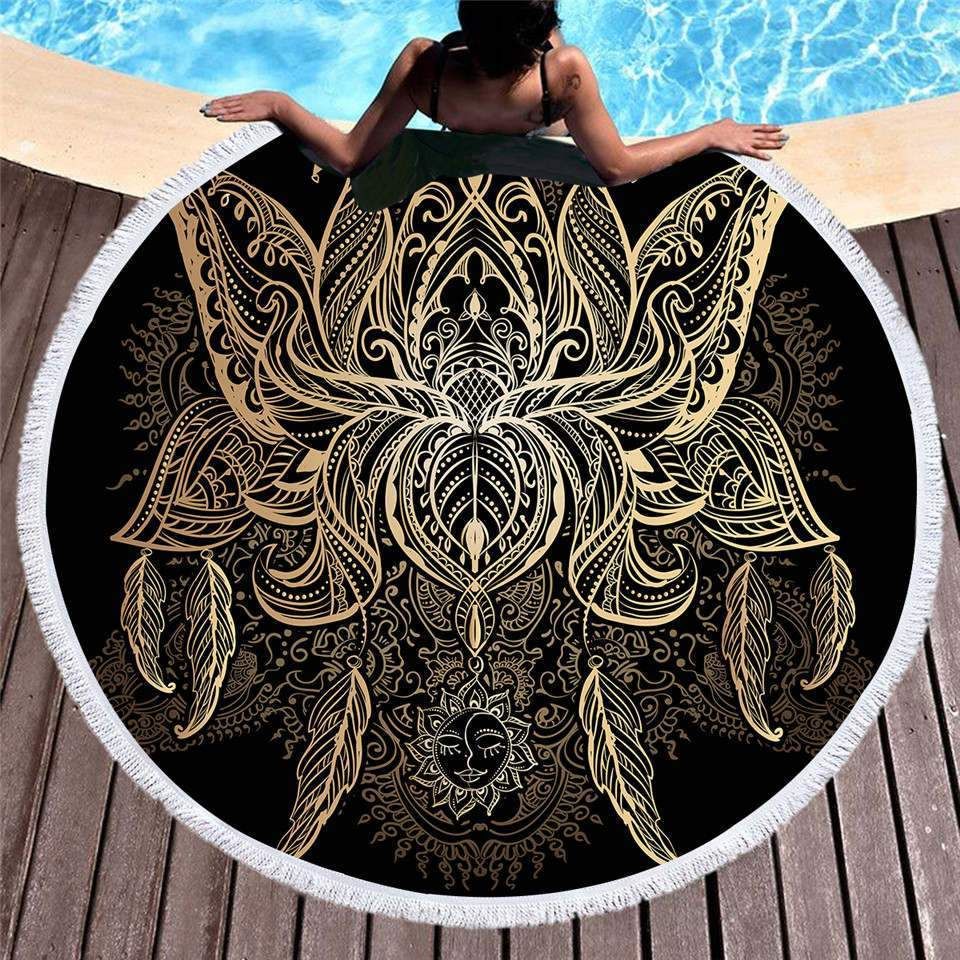 Bronzing Sun And Lotus Printed Round Beach Towel