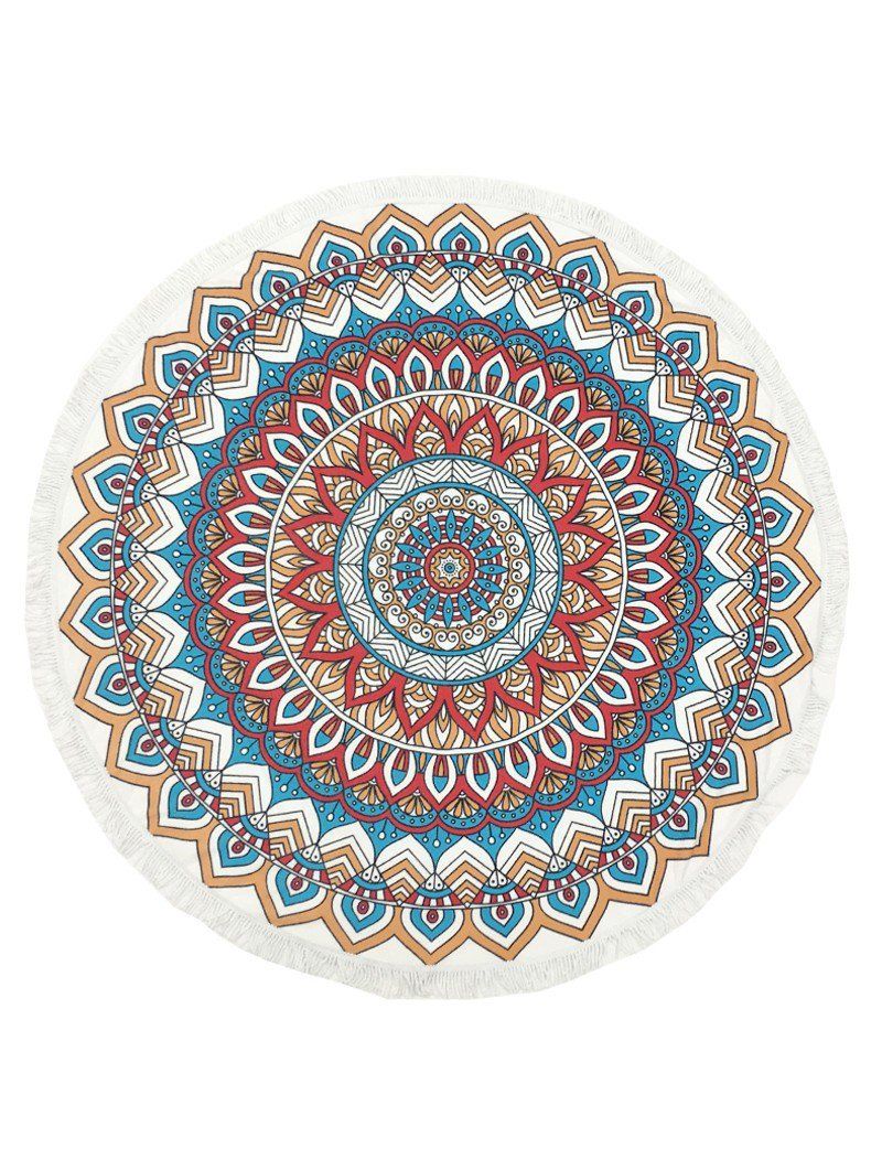 Brown And Blue Mandala Printed Round Beach Towel