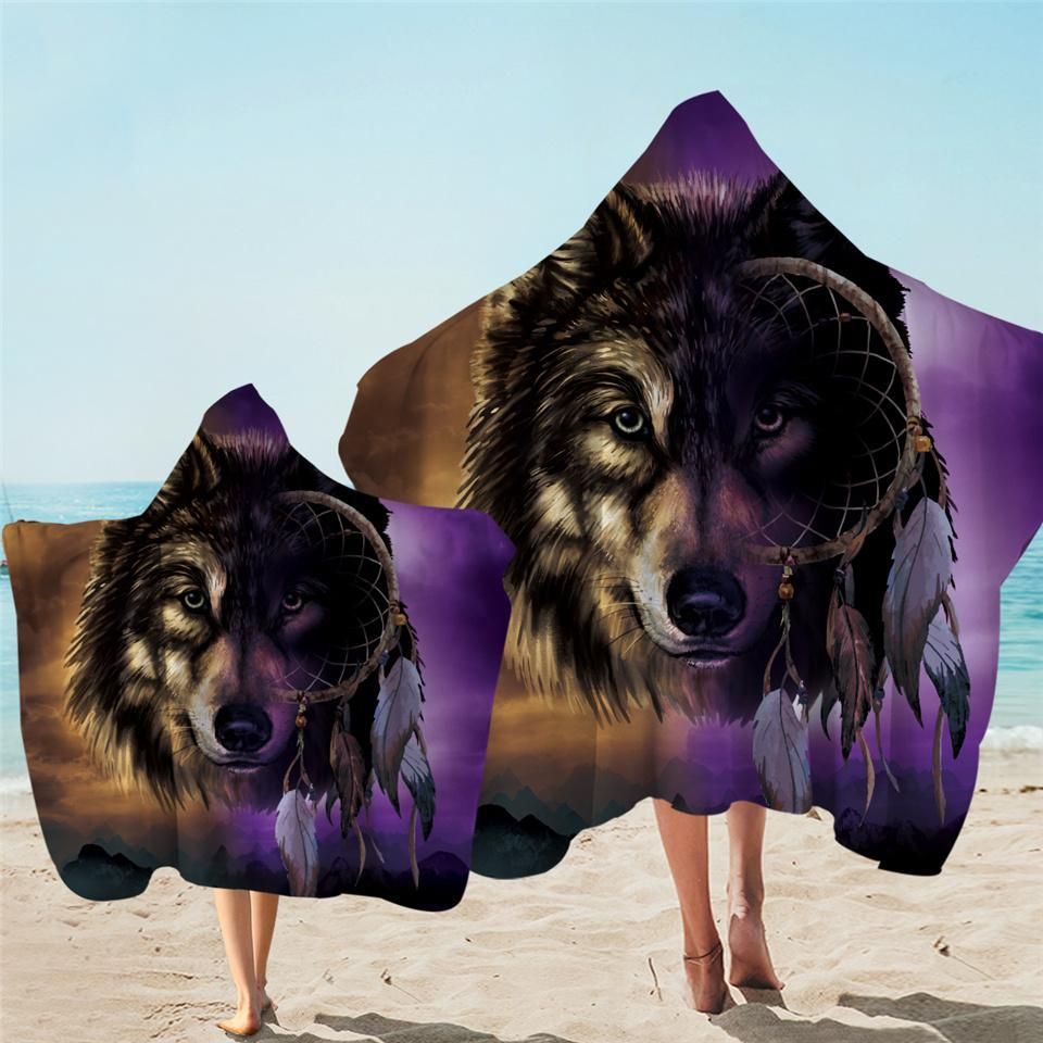Brown And Purple Wolf Native Dreamcatcher Printed Hooded Towel